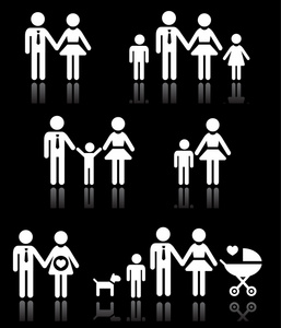 家庭 父母和儿童，孕妇图标设置在黑色