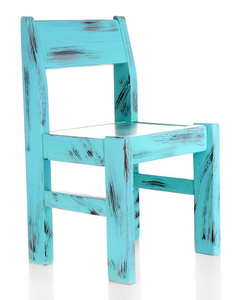 蓝色旧木椅上，白色衬底上分离