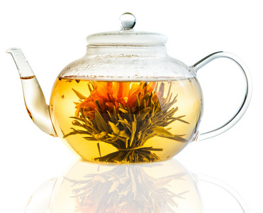 茶树花在一个明确的茶壶