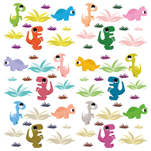 矢量卡通可爱和多彩的恐龙类群
