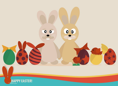 快乐的复活节卡片，复活节蛋，可爱的兔子，丝带。概念