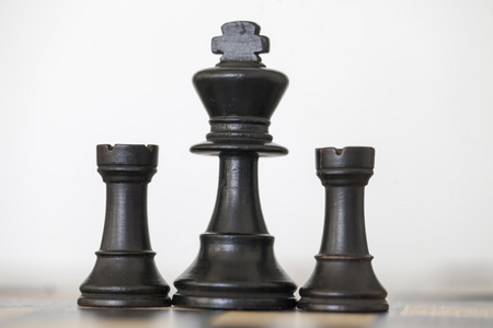 木制的黑色国王和白嘴鸦的象棋棋子