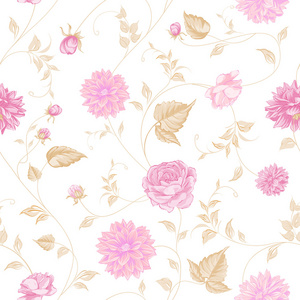 粉红色的玫瑰花，纺织品的无缝纹理