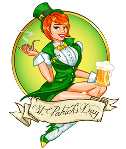 妖精女孩用啤酒和烟斗，圣 Patrick 天