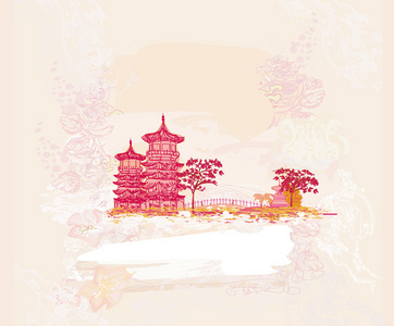 日本的寺院，在抽象的亚洲风景旧纸