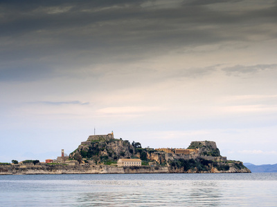 古希腊的神庙和旧城堡在科孚岛