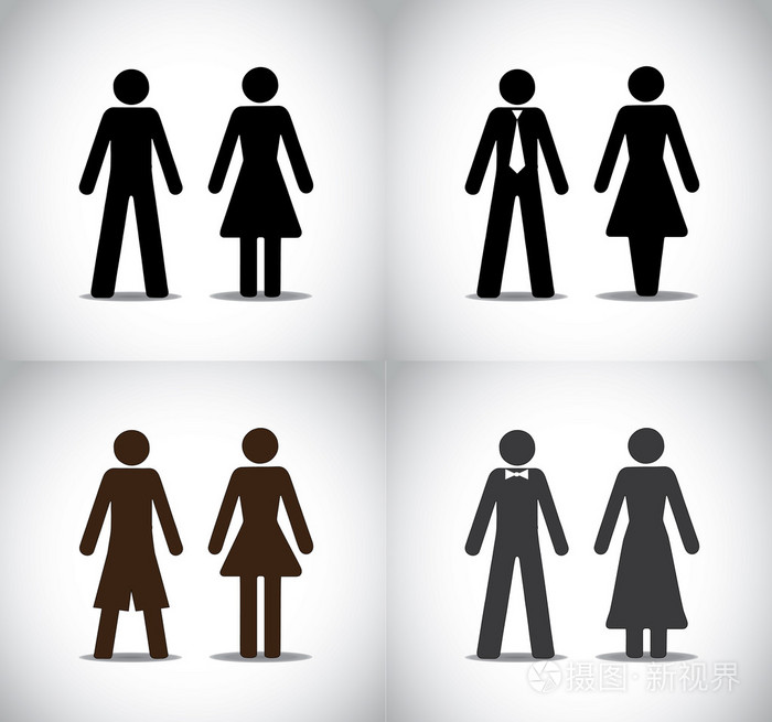 衣着光鲜的男人女人或男孩女孩站概念的符号集不同黑多彩简单男性和