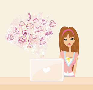 在线购物青年微笑的女士坐在一起膝上型计算机