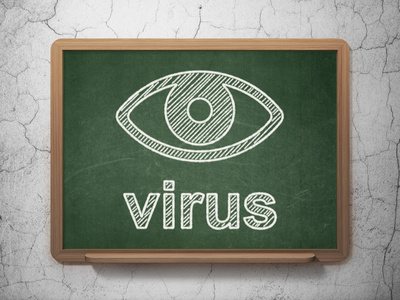 保护的概念 眼睛和黑板背景上的病毒