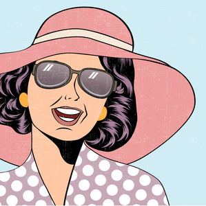 与漫画的风格，夏天怡乐思的太阳帽 popart 复古女人