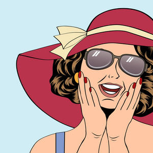 与漫画的风格，夏天怡乐思的太阳帽 popart 复古女人
