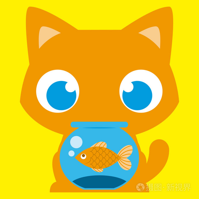 卡通可爱的猫在一个鱼缸里的鱼