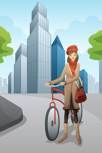 一辆自行车在城市中的女人