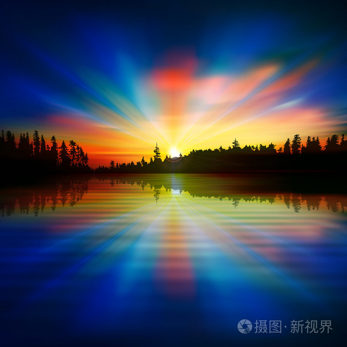 森林湖与日出的抽象性质蓝色背景