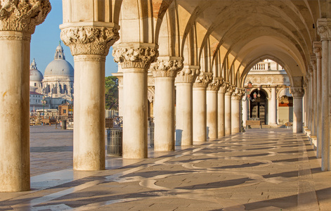 威尼斯外面走廊的公爵宫殿和教堂圣塔玛丽亚德拉礼炮在背景中