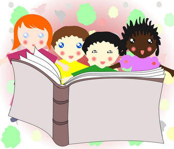 一起阅读一本书的不同种族的孩子