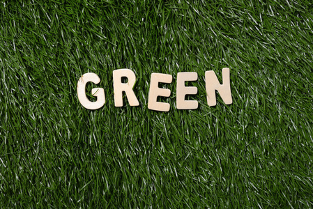 在草地上的绿色木标志