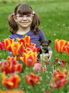郁金香花卉园里的小狗的小女孩