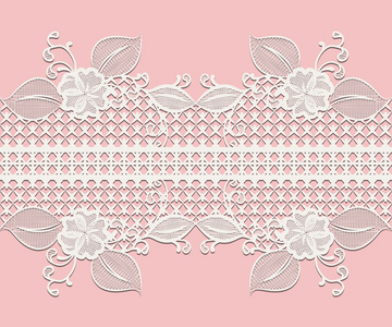 无缝的白色蕾丝缎带花元素设计贺卡或婚礼请柬上粉红色孤立