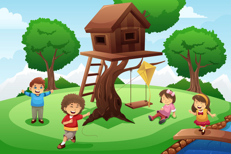 小孩子在玩耍时周围的树上小屋