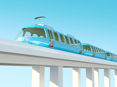 蓝色的未来派列车在桥上