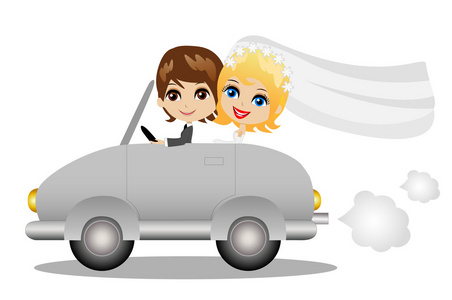 美丽新郎与未婚妻去婚礼旅行乘一辆车
