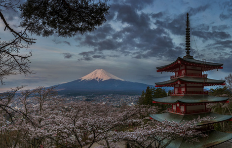 与富士山为背景的红色宝塔