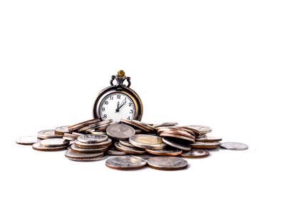 时间是金钱的概念。硬币和老怀表。选择性