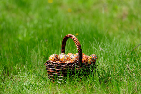 复活节篮子鸡蛋在花园里的绿色草地上