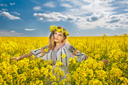 年轻的女孩穿着罗马尼亚传统的衬衫在油菜田中的多云的天空，在背景下，户外拍摄合影。美丽的金发女郎，有着鲜花花圈在油菜田微笑的画像
