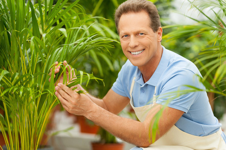 在盆栽植物附近制服的男人