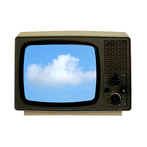 旧电视机显示蓝色天空与云彩