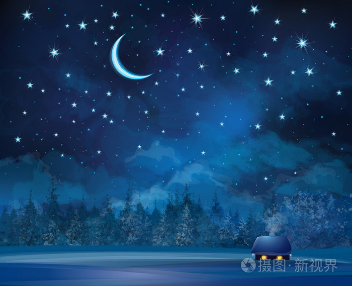 矢量夜景与繁星密布的天空背景上脱颖而出的房子