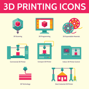 3d 打印技术矢量中的平面设计风格的图标