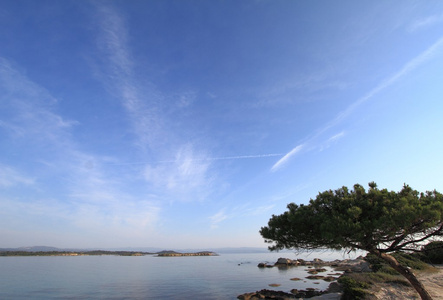 海景与岸边的岩石 平静的水面 蓝蓝的天空和树