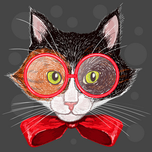 印花布猫在红色眼镜和一张弓