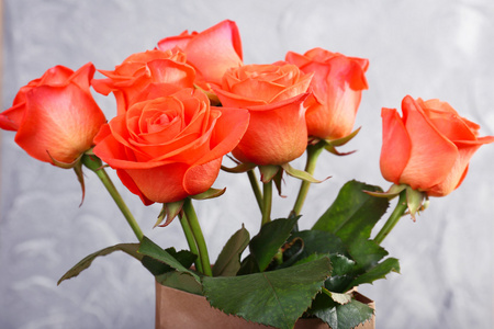 美丽的玫瑰，在壁附近的木桌上的纸包