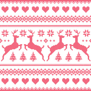 冬天，圣诞红无缝像素化模式与鹿和心