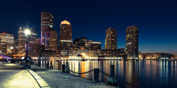 晚上，马萨诸塞州美国波士顿天际线的全景视图
