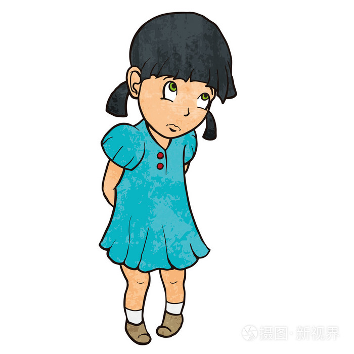 可爱悲伤内疚的小女孩穿着蓝色衣服.卡通插图