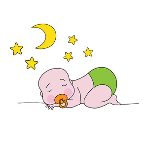 熟睡的婴儿，与月亮和星星
