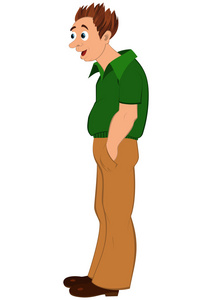 卡通男人穿着绿色衬衫和手在口袋里