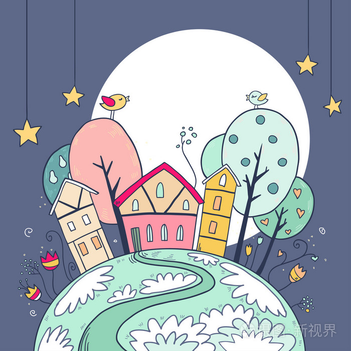 晚上房屋和月亮和星星