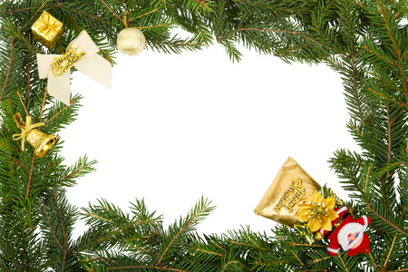用白色弓 圣诞老人和黄色的装饰品圣诞帧