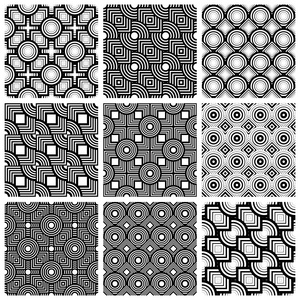 方块和圆圈黑色和白色几何无缝模式