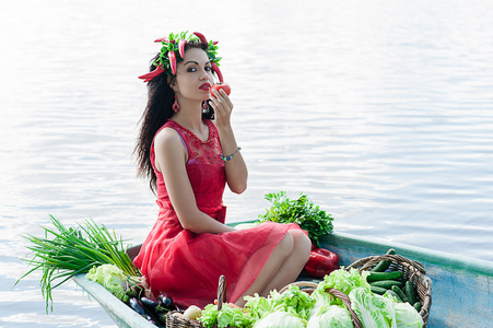 女人用蔬菜在船上的吃西红柿