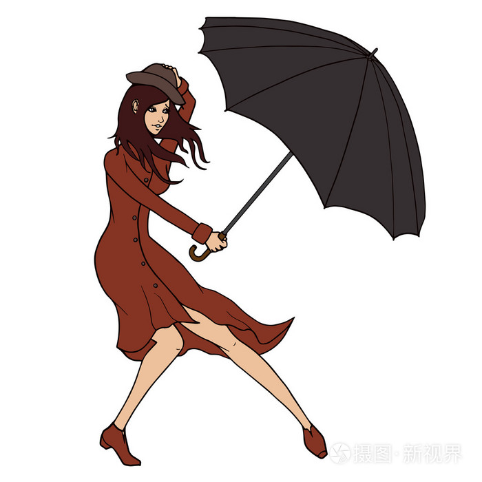 年轻的女子,迎着风撑着伞.矢量图