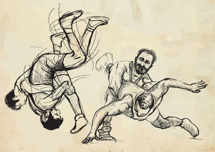 古典式摔跤。手绘插画矢量集