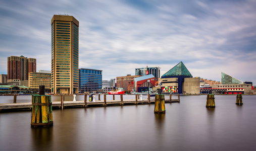 长时间曝光的内港，巴尔的摩，马里兰州
