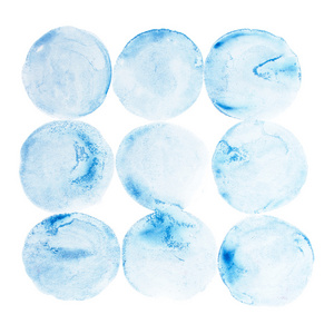 抽象水彩画水彩画手绘圈蓝色艺术油漆飞溅染色在白色背景上